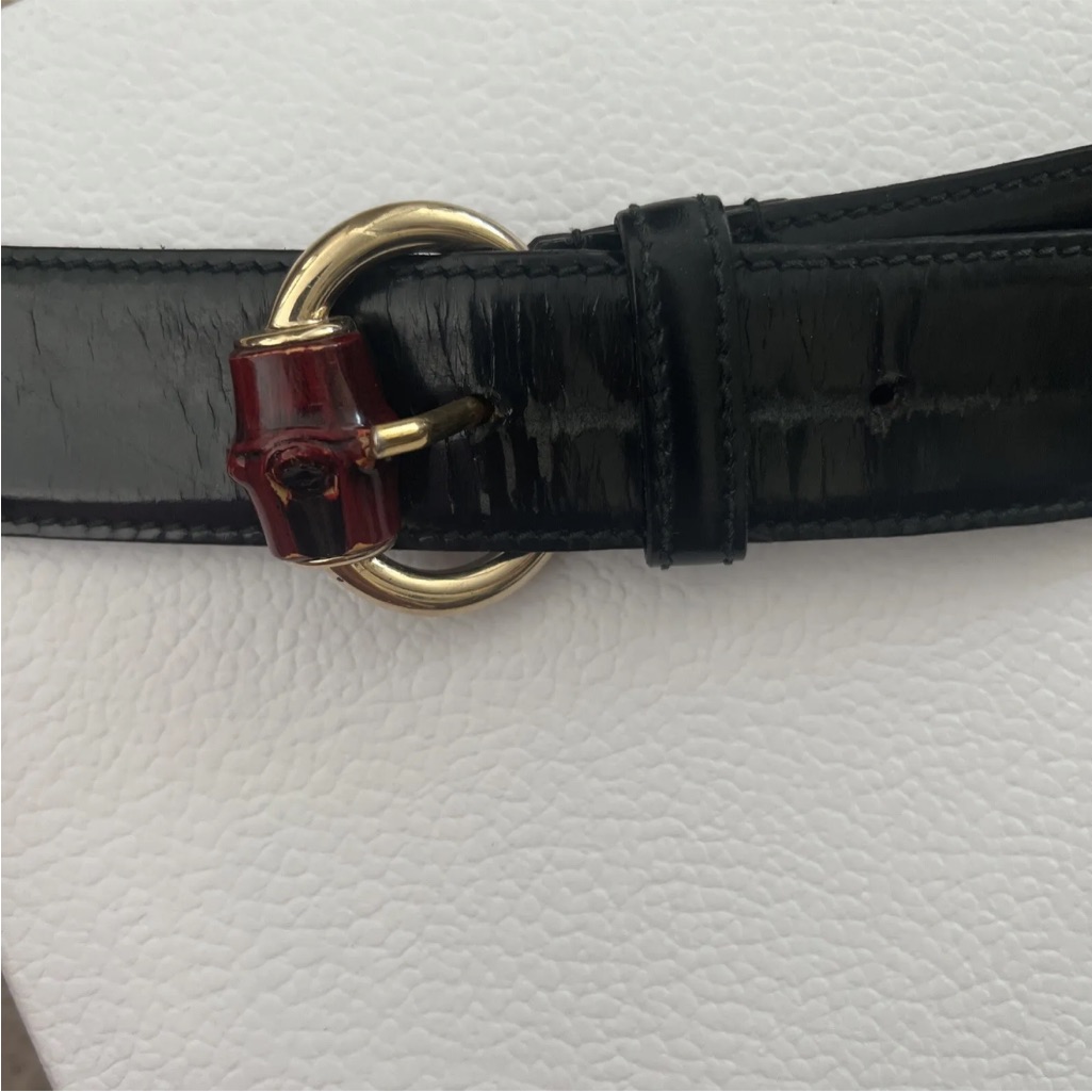 Gucci Belt Lacquered Black With Cherry Color Bamboo Size M